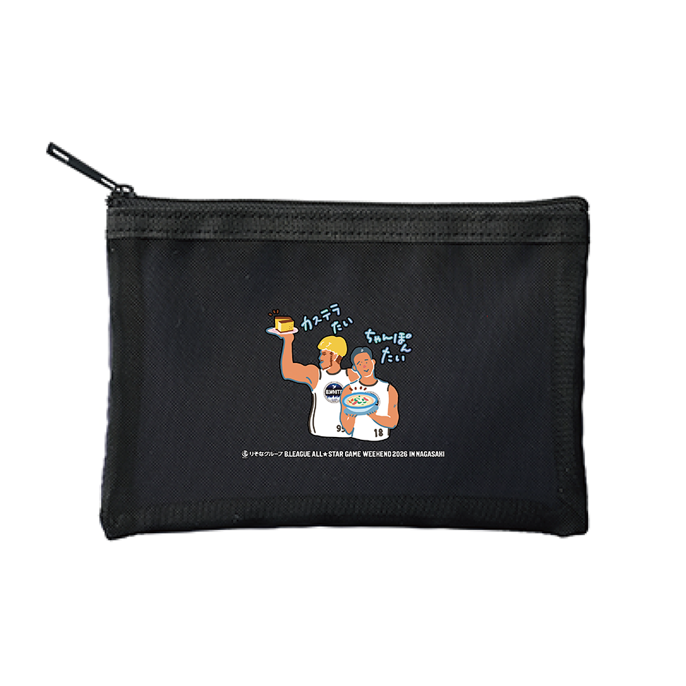 【オンライン限定】＜りそなグループ Bリーグオールスター 2026＞方言イラスト メッシュポーチ(ブラック) 詳細画像 カステラたい ちゃんぽんたい 1