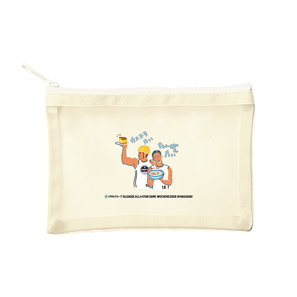 【オンライン限定】＜りそなグループ Bリーグオールスター 2026＞方言イラスト メッシュポーチ(オフホワイト) 詳細画像 カステラたい ちゃんぽんたい 1