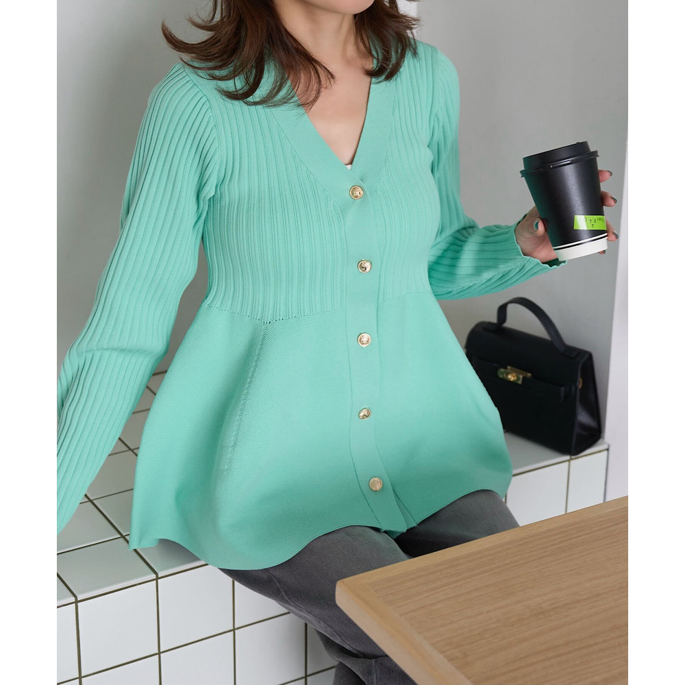 神戸レタスコラボ／Vネックペプラムリブカーディガン 詳細画像 Mint 1