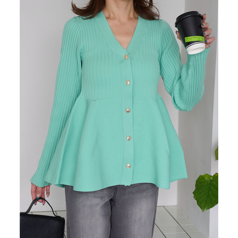 神戸レタスコラボ／Vネックペプラムリブカーディガン 詳細画像 Mint 2